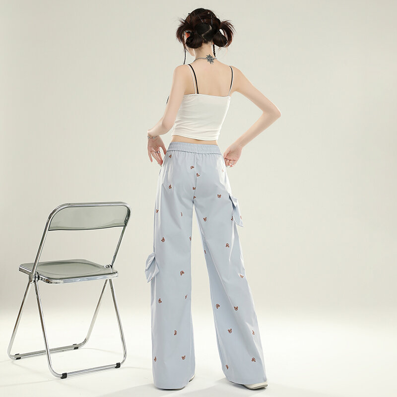 กางเกงขากว้างสามมิติพิมพ์ลายเอวยางยืดสำหรับผู้หญิงกางเกงลำลองทำงานฤดูร้อน