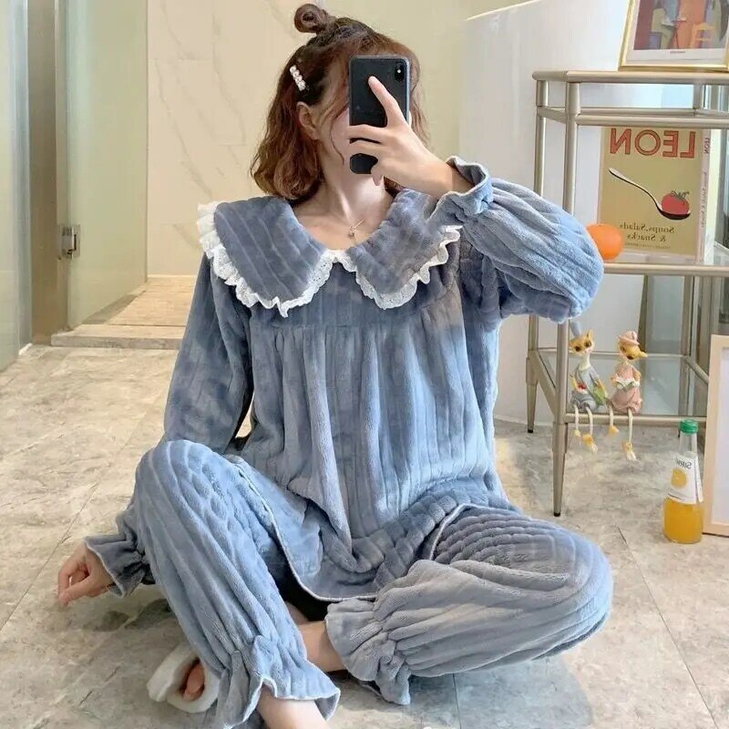 Conjuntos de Pijama Kawaii de manga comprida feminino, camisolas de renda flanela, roupa caseira estampada, solto, quente, moda coreana, pijamas, roupas