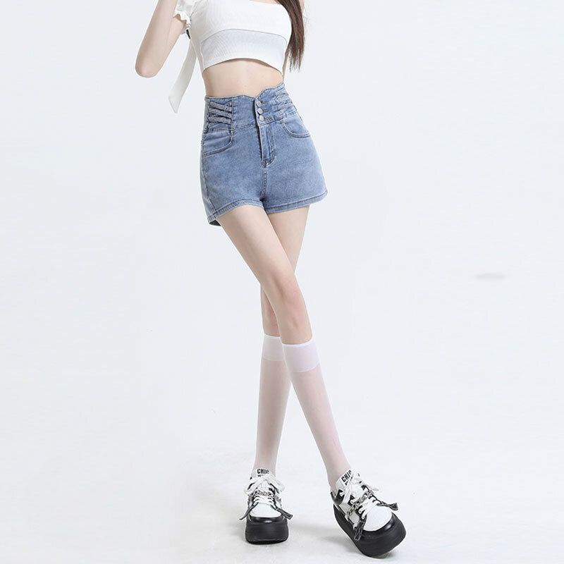 High waist light color denim shorts female 2024 summer new American spicy girl tight thin package hip a word hot pants