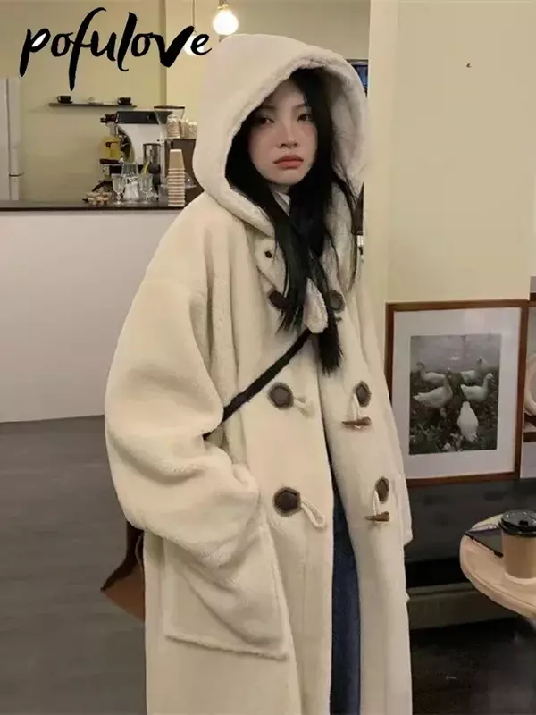 Wełna jagnięca płaszcze damskie polarowe bluzy z kapturem kurtki Cowhorn luźny płaszcz zimowy ciepły damski płaszcz koreańska gruba kurtka średniej długości