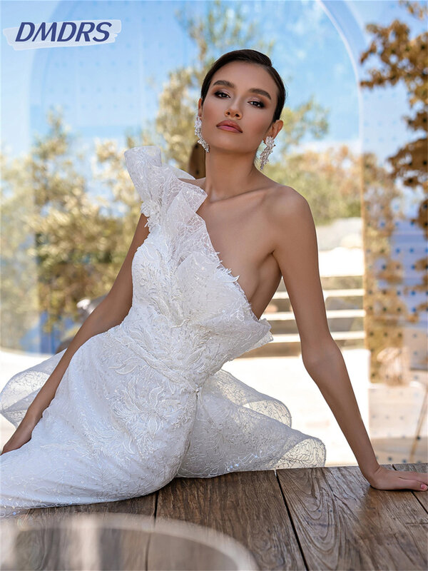 Vestido de noiva romântico de um ombro, vestido de casamento a linha, laço clássico, até o chão, charmoso, 2024