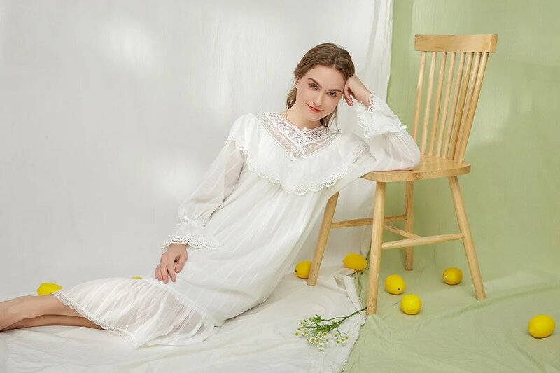 Francuski styl damskie koronkowe koszule nocne z długim rękawem falbany Vintage damskie koszula nocna z długim rękawem wiosna księżniczka nocna kobieta