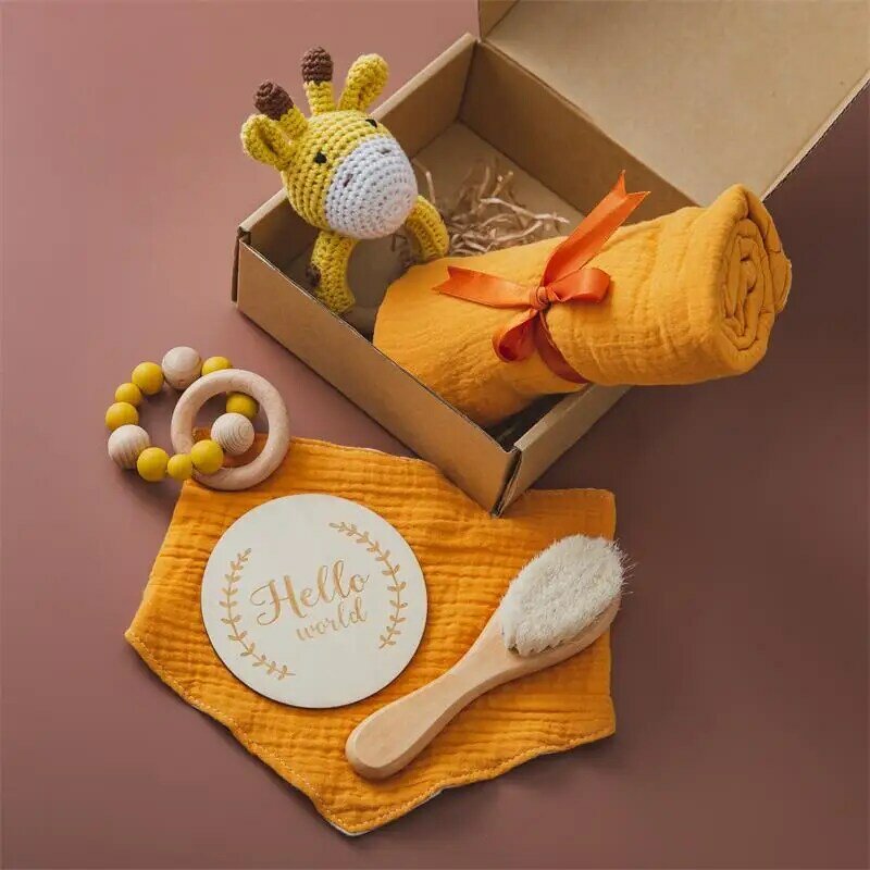 Newborn Baby Gifts Bath Toys Set Crochet Animal Rattles Pacifier Clip Chain Cotton Bath Towel Brush Milestone Card