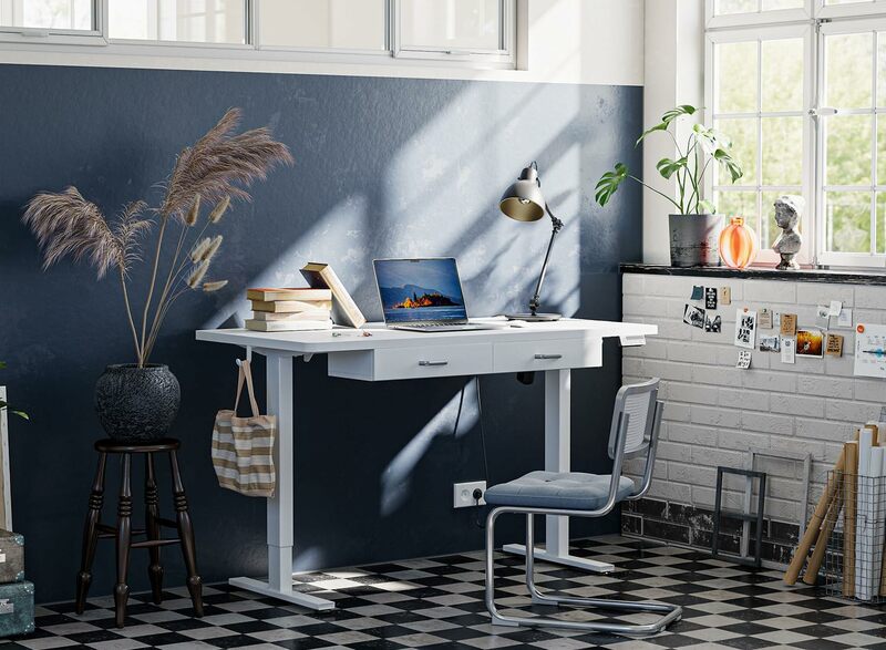 Meja berdiri listrik tinggi dapat diatur, dengan laci ganda, meja kantor rumah berdiri 55x24 inci dengan sambungan