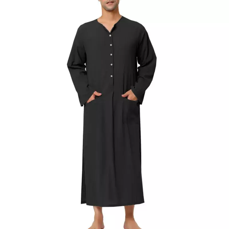 Jesienna odzież męski luksusowy etniczny rękaw z puchowa, długa guzikami szaty muzułmańskie swobodny jednolity kolor islamski S-5XL arabski Dubai 2024 nowy
