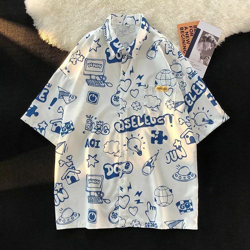 Рубашка y2k мужская с коротким рукавом, модная свободная пляжная одежда с надписью и принтом граффити, для полных мужчин, гавайская пляжная одежда, для подростков, лето 2024