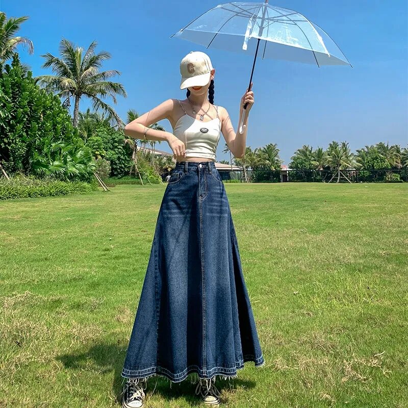 Niebieskie w stylu Retro jeansowa spódniczka spódnica damska z wysokim stanem cienka linia długie dżinsy damska nowa koreańska wersja