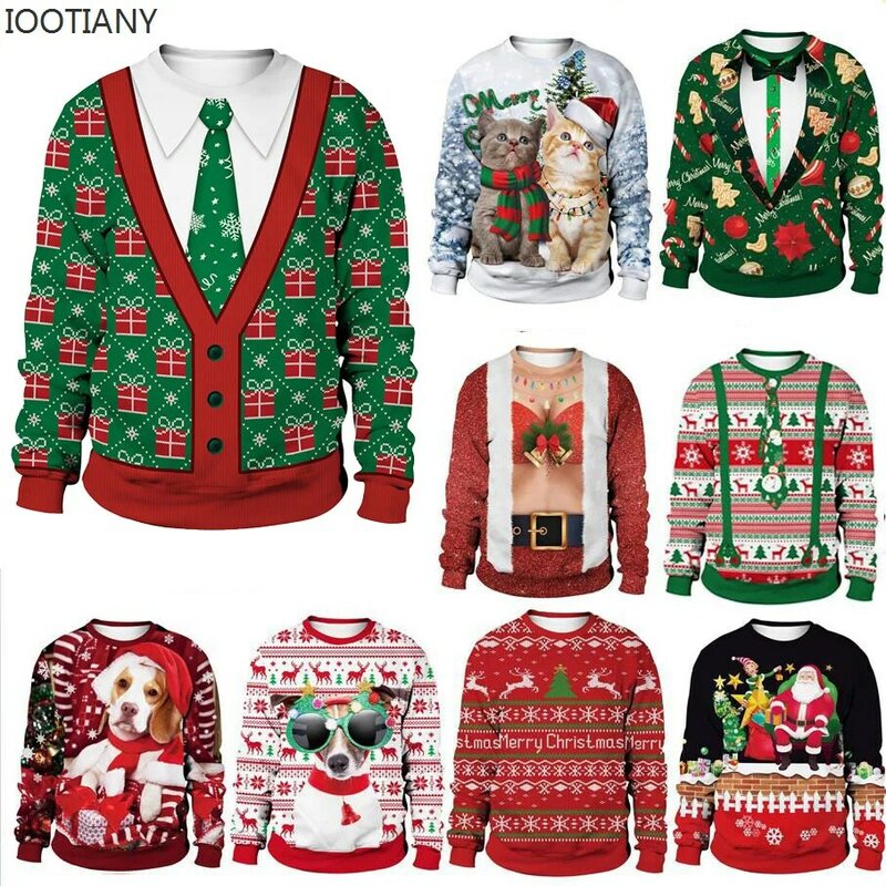 Green Women Men Ugly Christmas Sweatshirt Funny Cute Gifts Cats Santa 3D Printed Jumpers Tops Autumn Winter Xmas Sweatshirts Coa
