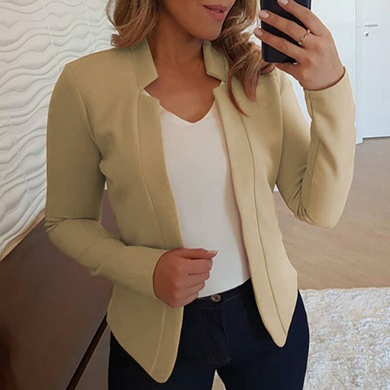 Long Sleeves Solid Color Slim Fit Women Blazer Office Work Notched Collar Open Stitch Cardigan Blazer Outerwear Collared Tops