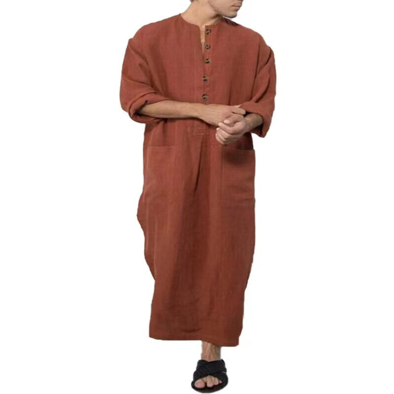 Muslim Men Long Sleeve Solid Color Pockets Robe Abaya Southeast Asia Dubai Turkey Ethnic Jubbe Thobe Male Abayas Arabic Kaftan