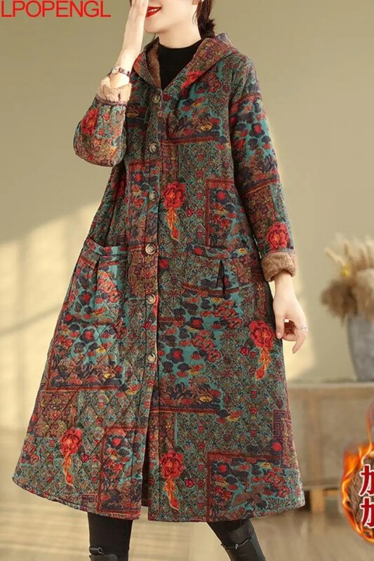 Velo de comprimento médio feminino e roupas com capuz espesso, estilo étnico vintage, mangas compridas quentes florais, jaqueta de algodão de peito único, mulheres
