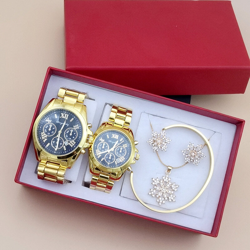 Ensemble de montres de luxe à quartz pour hommes et femmes, montre-bracelet en acier à trois yeux, bracelet pour hommes et femmes, boucle d'oreille et collier avec boîte, 6 pièces