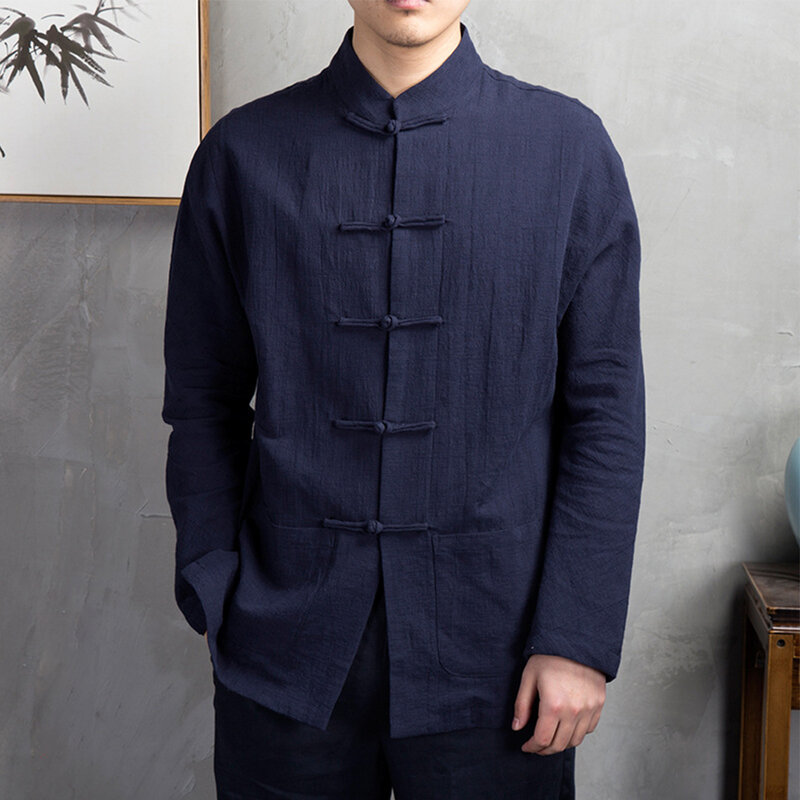 Jaket seragam Kung Fu Tai Chi tradisional Tiongkok, setelan seragam jaket pakaian lengan panjang blus Retro kancing Hanfu