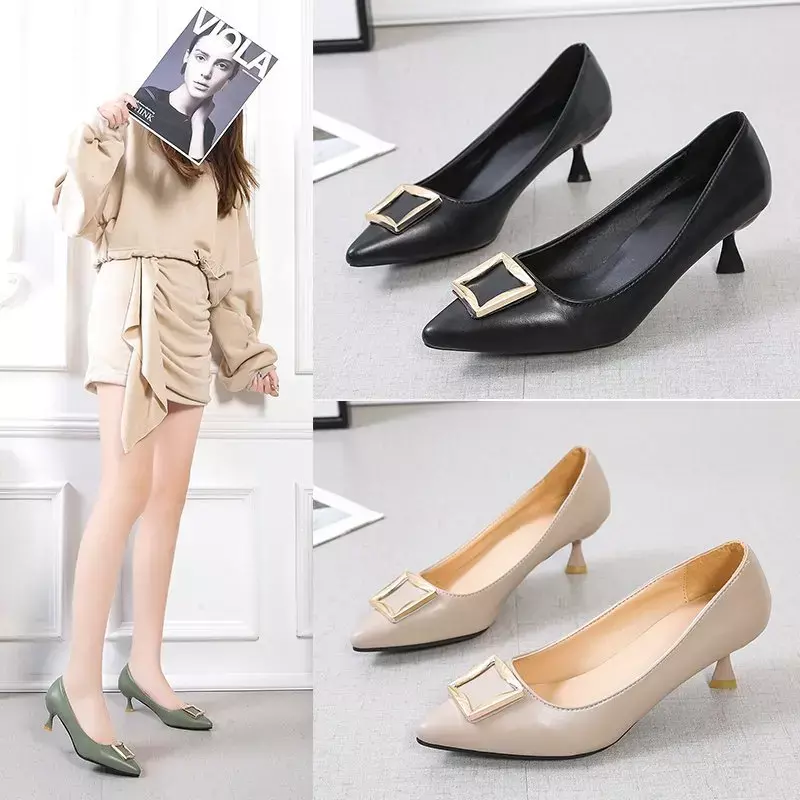 Koreańska wersja szczupłego obcasa kwadratowa klamra szpiczastych butów dla kobiet na wiosnę nowe płytkie, wszechstronne wysokie obcasy