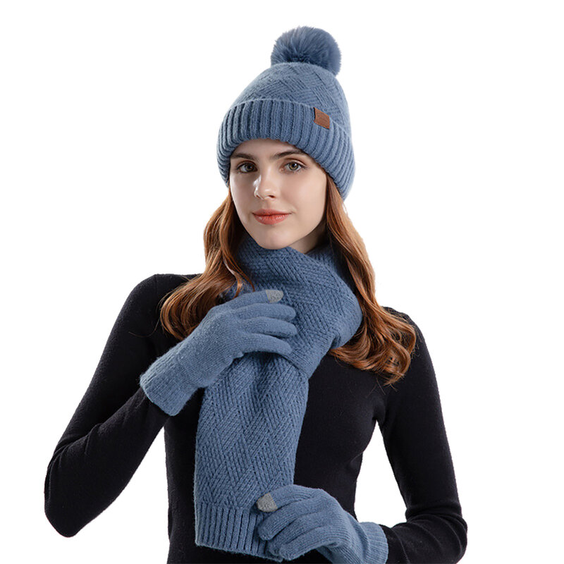 Inverno delle donne tenere al caldo Set fodera in pile berretto guanti con dita telescopiche addensare sciarpa natale maglia marmitta Bobble cappello all'ingrosso