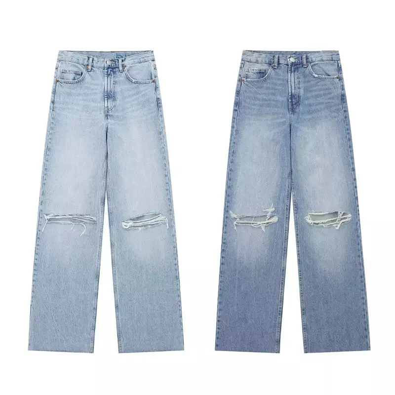 Women 2023 New Chic Fashion Ripped Hole Straight Jeans Vintage High Waist Zipper Female Ankle Denim Pants Mujer