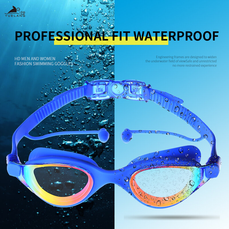 Профессиональные плавательные очки YUELANG, плавательные очки с затычками для ушей, водонепроницаемые очки, противотуманные, с защитой от УФ-лучей, силиконовые очки с гальваническим покрытием