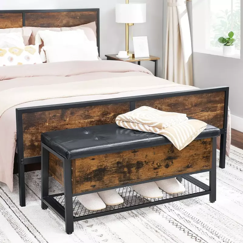 Taburete de pie para muebles, nuevo modelo, 66% de descuento, taburete de extremo de cama con asiento acolchado y estante de Metal