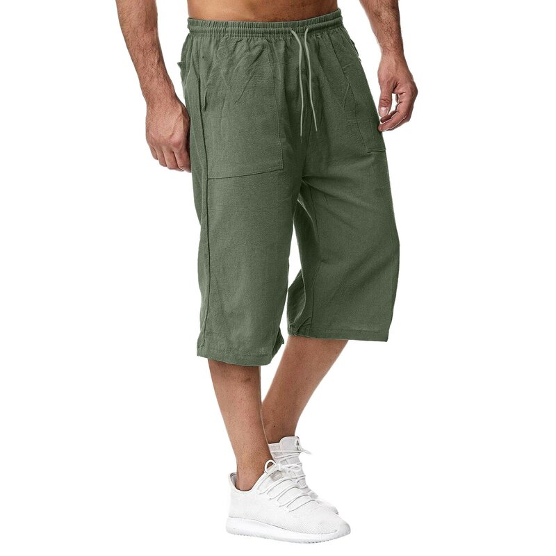 Zomer Heren Casual Shorts Katoen Gemengd Lange Elastische Taille Losse Zak Met Trekkoord 3/4 Lange Shorts Dagelijkse Street Wear