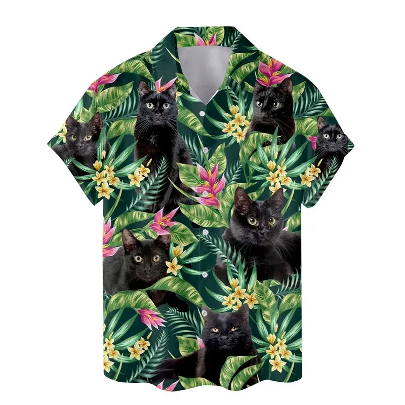 024 zwierzęcy kot szop modna koszulka Aloha koszula hawajska męska z nadrukiem 3D wzór dinozaur guzik do koszuli klapy z krótkim rękawem