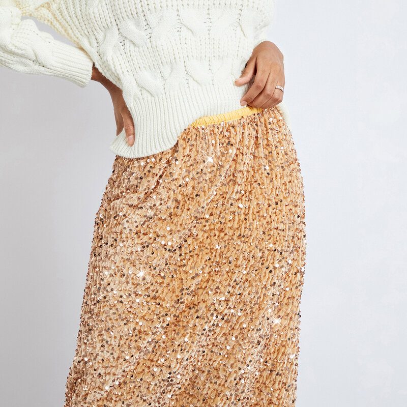Frauen elegante glänzende Pailletten langen Rock Sommer Herbst elastische Taille lässige Röcke Mode Streetwear Kleidung