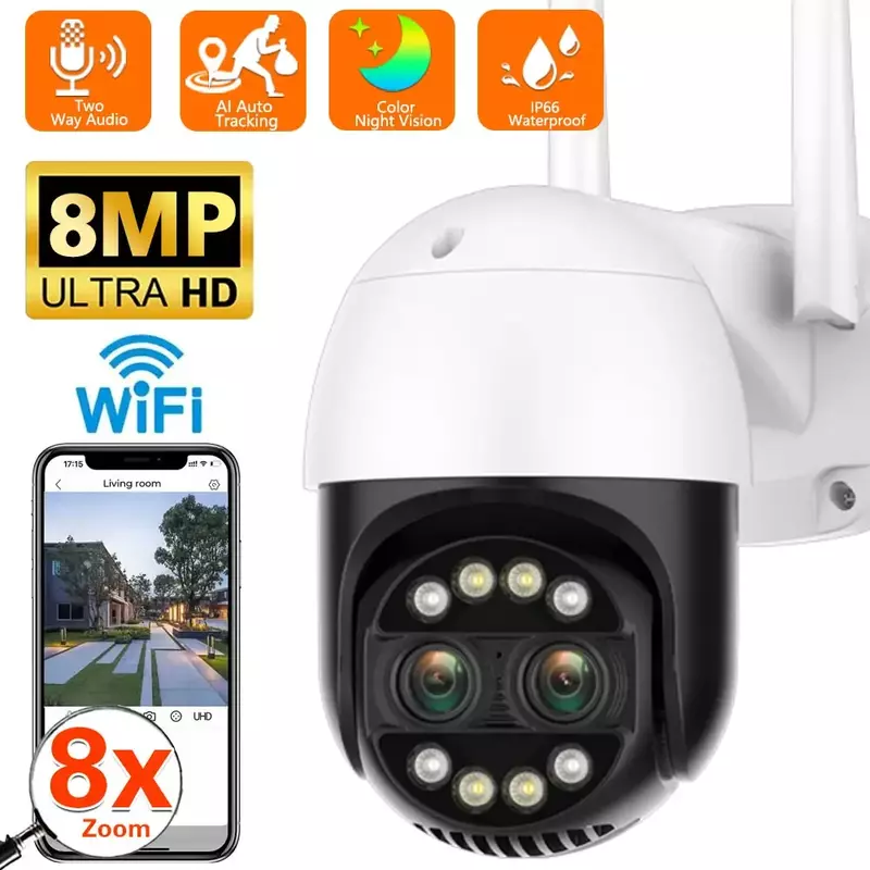 8MP Dual Lens WIFI IP Camera Outdoor 8X Zoom 4K HD PTZ Camera AI Auto Tracking 2K 4MP Security CCTV telecamera di sorveglianza iCSee