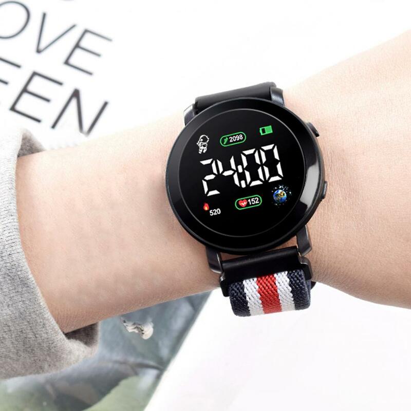 LED Electronic Watch Elastic Band Luminous Round Dial Adjustable Time/Date Display Braided Electronic Digital Wrist Watch