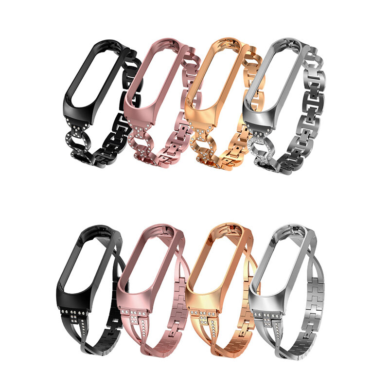 Besi Tahan Karat Berlian untuk Xiaomi Band 3 4 5 6 7 Gelang Tali Pengganti Jam Tangan Wanita Mawar Emas untuk Mi