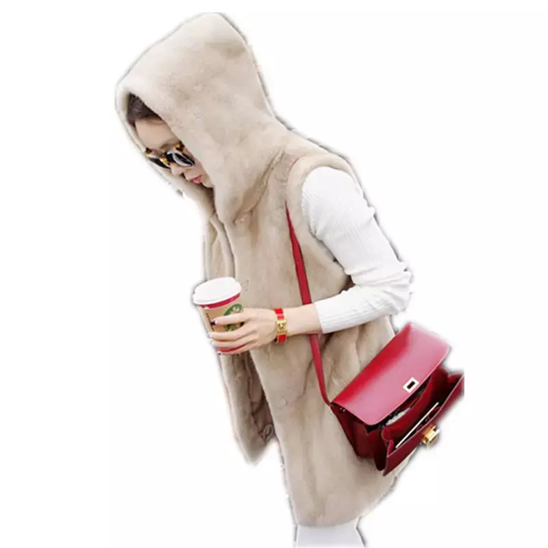 Women Coat Faux Covered Button Thick Warm Fur Hooked Medium Long Sleeveless Pockets Loose Casual Outerwear Autumn 2023