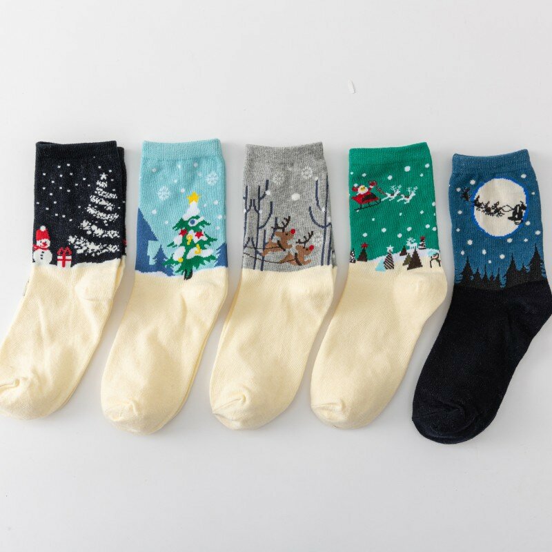 جوارب نسائية بيضاء سفلية بطول متوسط ، جوارب عيد الميلاد ، قطن ، رجل ثلج ، أيل ، مضحك ، موضة زوجين