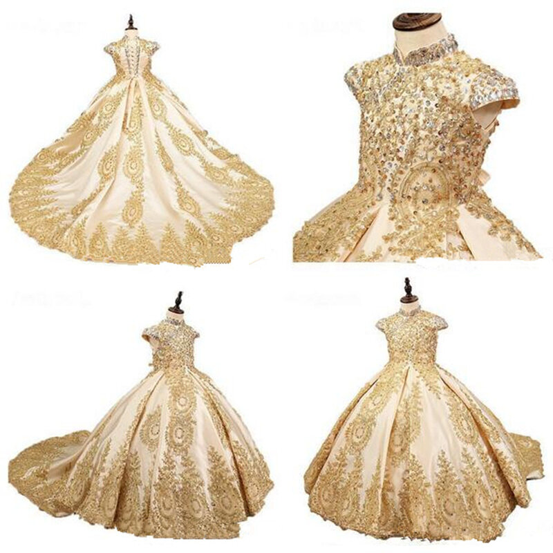 黄金のビーズの花の形をしたウェディングドレス,長く,pageant,ノースリーブ,レースアップリケ,聖体拝領,子供服