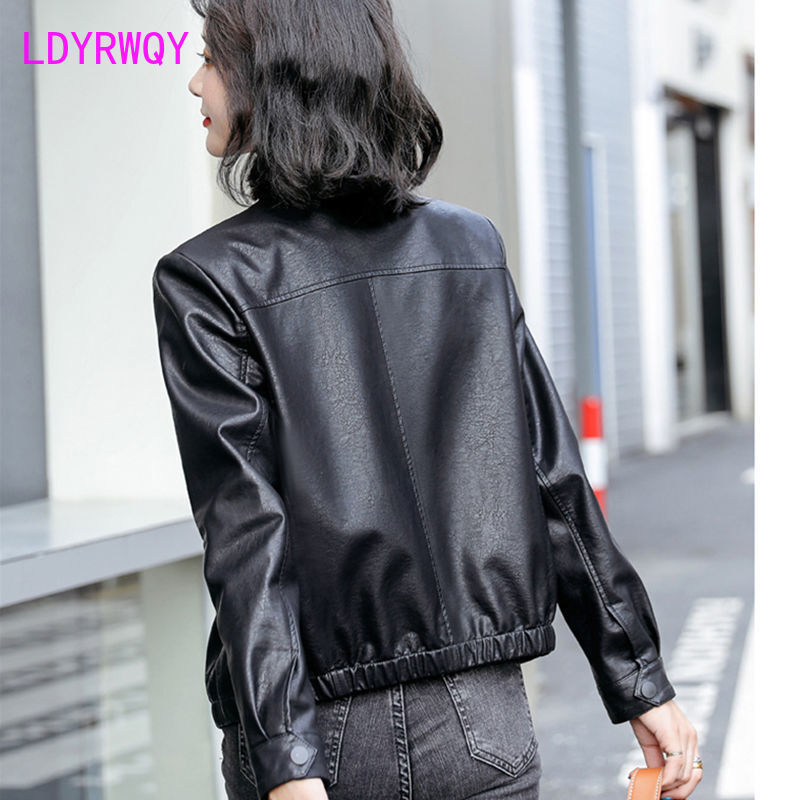 Женская кожаная куртка с воротником-стойкой, осень 2023, новая Корейская версия, маленькая мотоциклетная кожаная куртка для женщин
