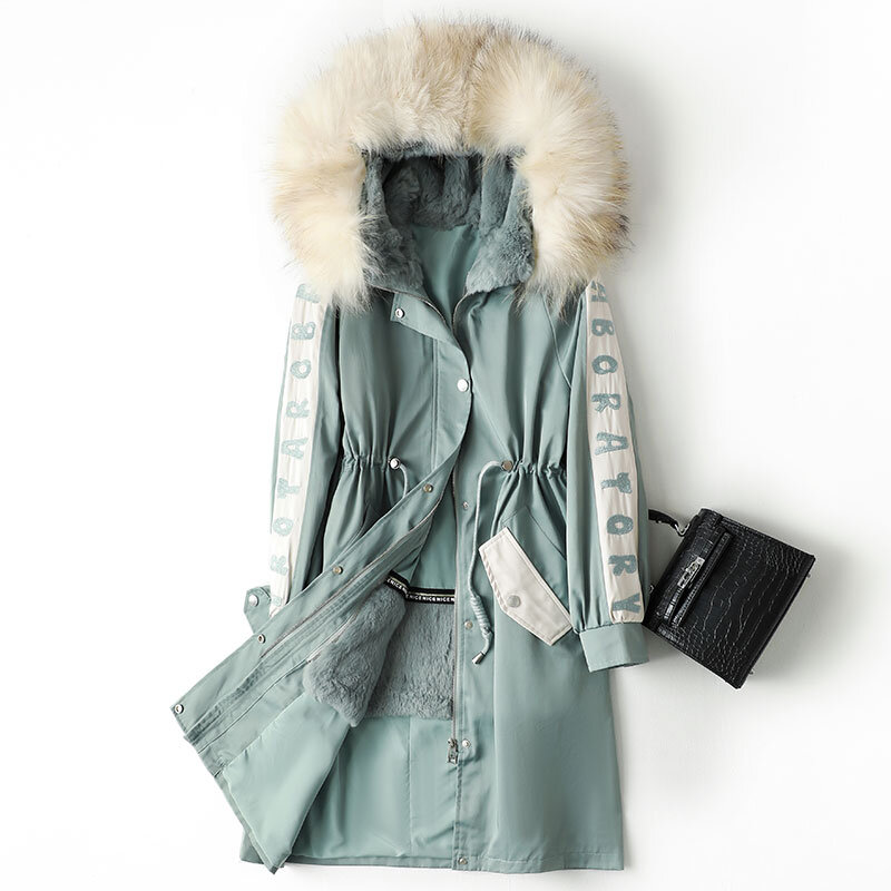 Parkas-abrigo de piel de mapache para mujer, chaqueta con forro de piel de conejo, de longitud media, a la moda, para otoño e invierno, Zm922