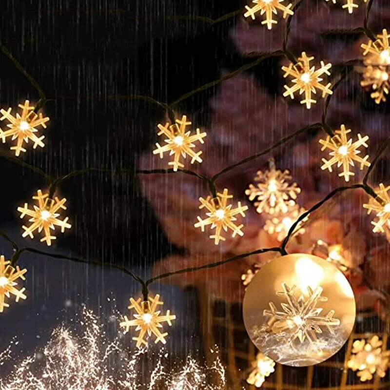 Lampu dekorasi kepingan salju Led 12m, lampu dekorasi karangan bunga pernikahan liburan luar ruangan rumah pohon Natal, lampu Led tali peri tenaga surya 12m
