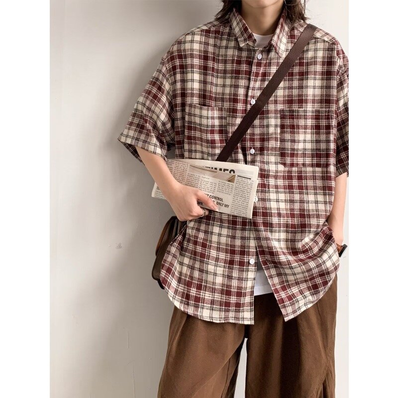 남성용 체크 무늬 반팔 셔츠, 일본 디자인 감각 셔츠, 커플 루즈, 다목적 코트, 여름 패션 브랜드, 2024