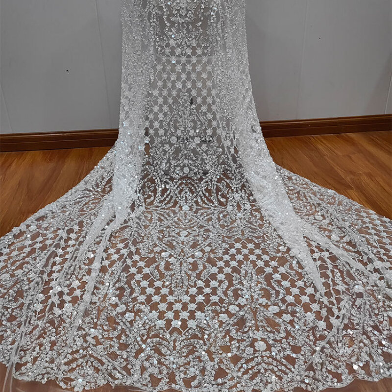 New High Quality Luxury Flower Sequins Beaded Lace Fabric for Wedding Dress Women's Dress Lace Fabric