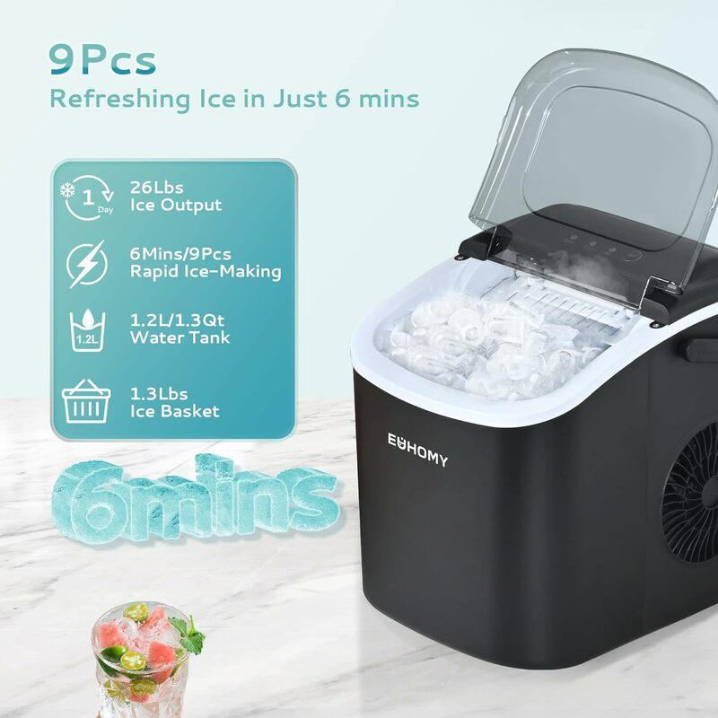 EUHOMY Countertop Ice Maker Machine with Handle, 26lbs in 24Hrs, 9 Ice Cubes Ready in 6 Mins, Auto-Cleaning Portable Ice Maker