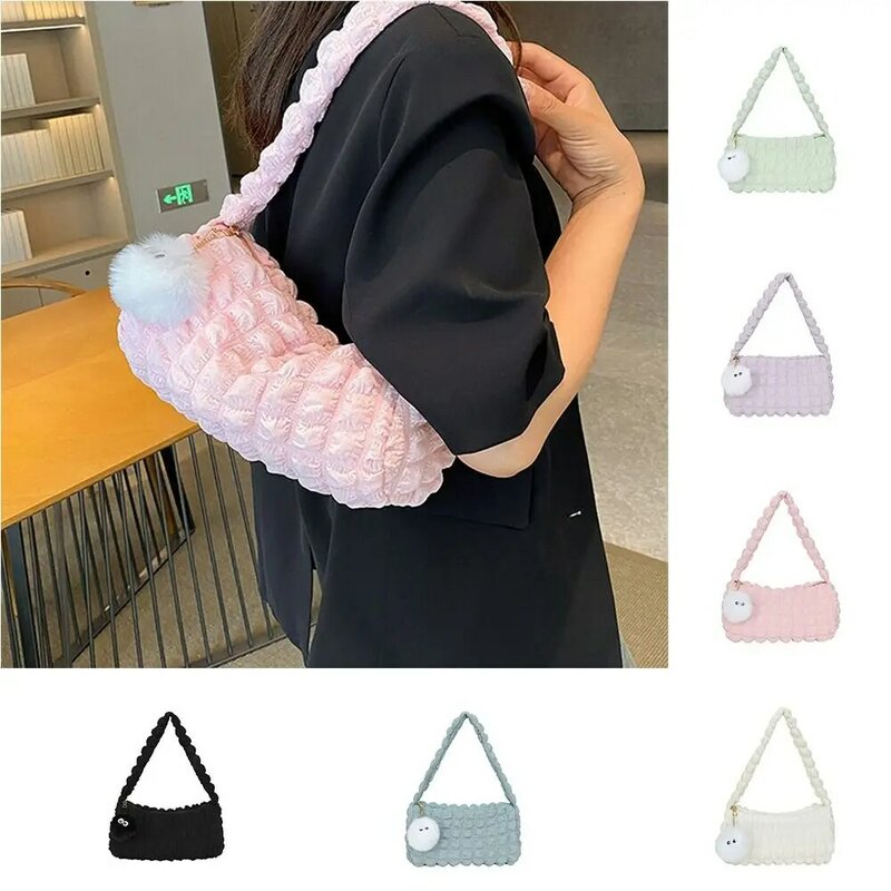Korean Style Cloud Shoulder Bag Sweet Solid Color Plaid Pleated Bubble Handbag Crossbody Bag Large Capacity Underarm Bag Women
