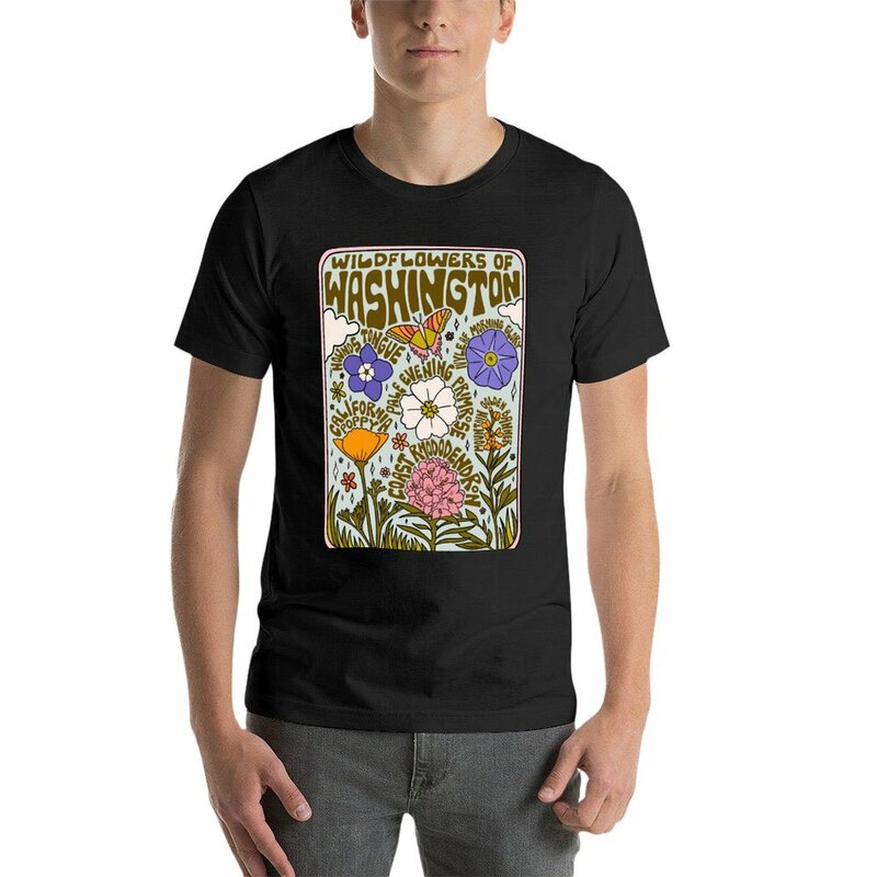 T-shirt masculina com design de flores silvestres, roupa de homem, anime, estética, cor lisa