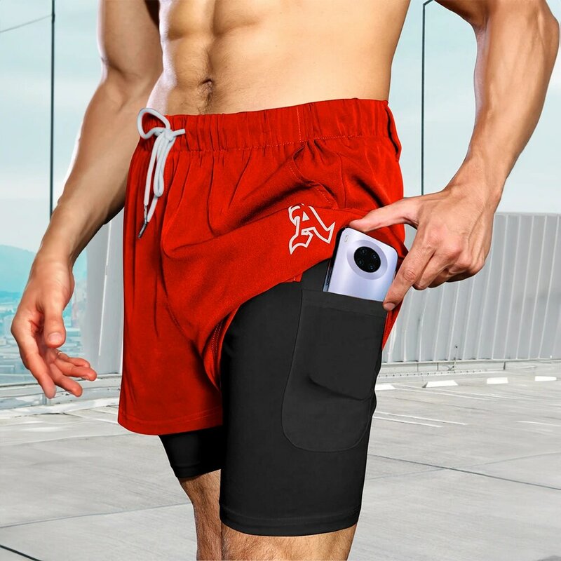 Pantalones cortos deportivos de doble capa para hombre, ropa deportiva de moda, 2 en 1, informales, para entrenamiento físico y trotar
