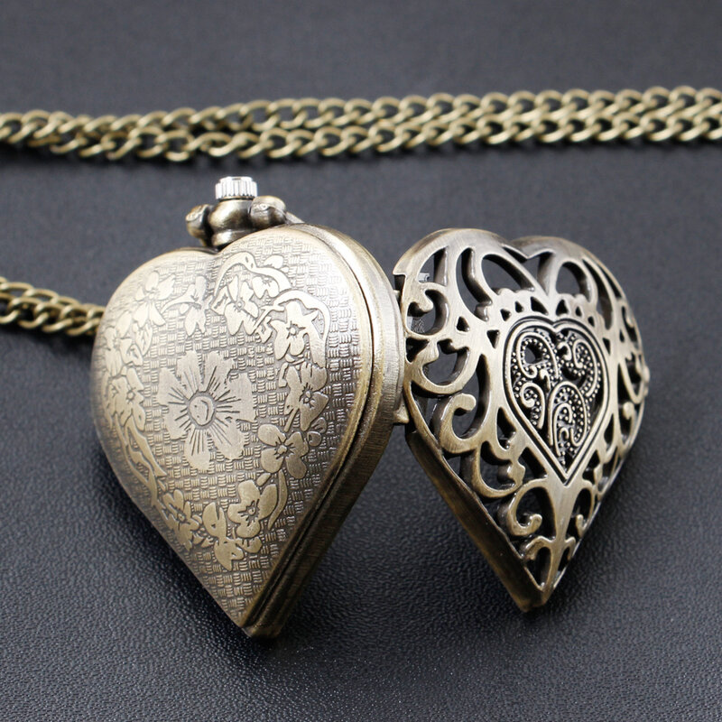 Relojes de bolsillo en forma de corazón de amor de bronce antiguo, reloj de cuarzo colgante con collar de 80cm, cadena de regalo