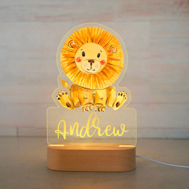 Personalizado bebê elefante leão LED Night Light, nome personalizado lâmpada acrílica para crianças, quarto das crianças, decoração do lar, USB, 7 cores