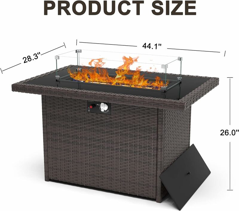 Propane Fire Pit Table, 44" Outdoor Gas Fire Pit with Glass Wind Guard & Waterproof Cover