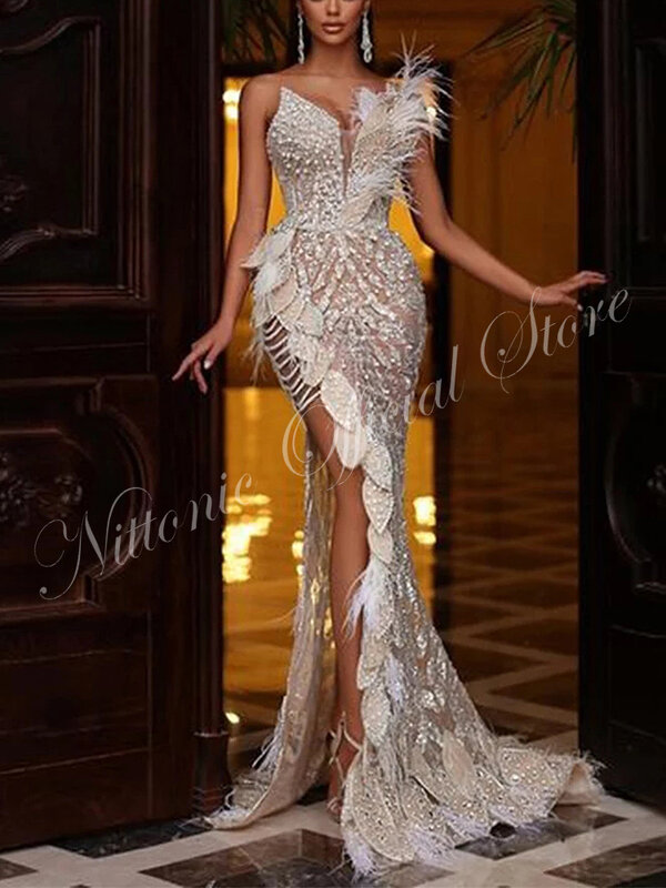 Женское вечернее платье-русалка, роскошное платье до пола с разрезом на боку и бусинами, модель 2023