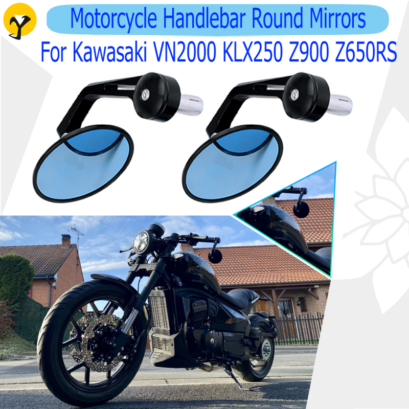 Espelho retrovisor redondo para motocicleta, lidar com espelho lateral, Kawasaki Z900, Z650RS, VN2000, KLX250, Ninja 300, Ninja 400, Z750, acessórios