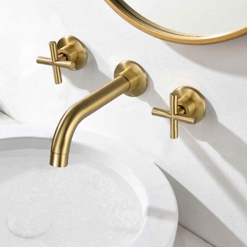 Grifo cepillado con manijas dobles doradas, montaje en pared, mezclador de bañera, 3 piezas