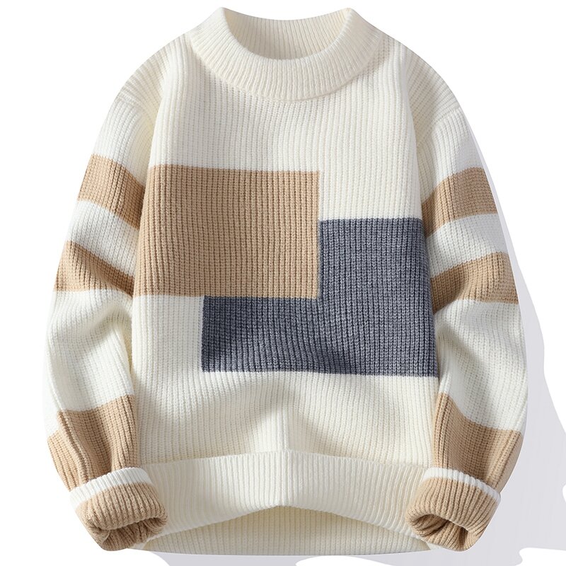 Sweater hangat pria, sweater pullover wol gaya Korea musim dingin 2024, sweater modis pola warna sambungan pria