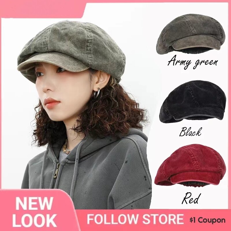 Y2K duże na zimę sztruks Retro chmura ośmiokątne kapelusze dla kobiet jesień zima moda ciepły literacki czapka gazeciarza Beret