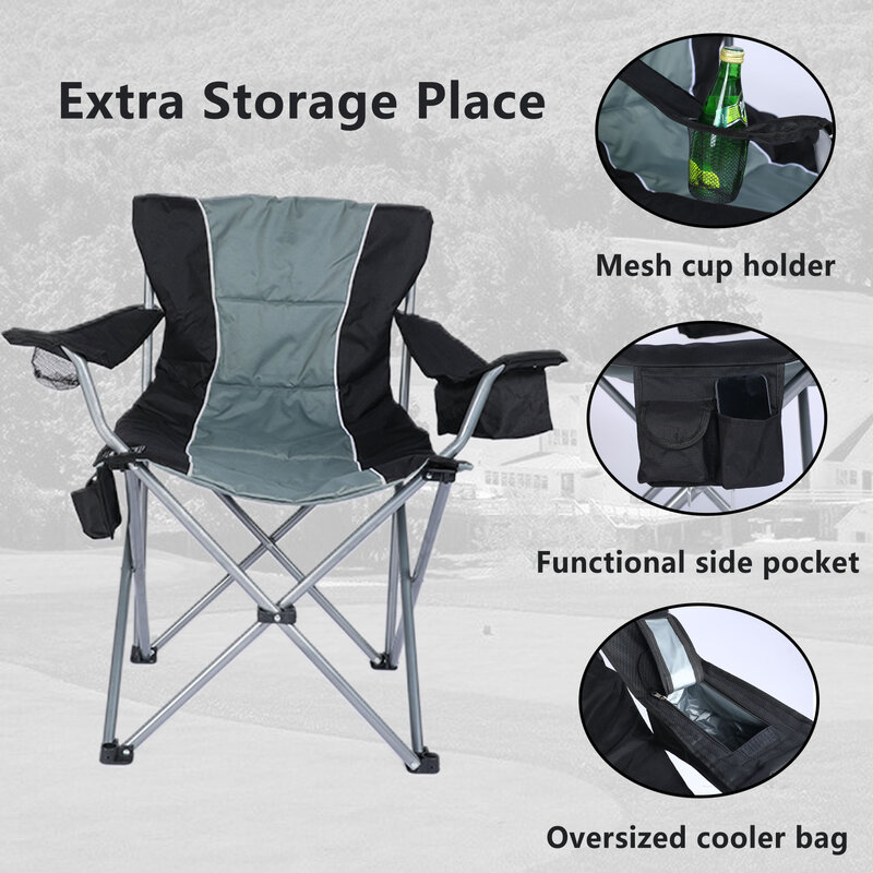YSSOA-Camping Cadeira Dobrável com Saco Refrigerador Lateral, Confortável Totalmente Acolchoado, Estrutura de Aço Resistente, Suporte de Copo, Quad Ar, Cinza