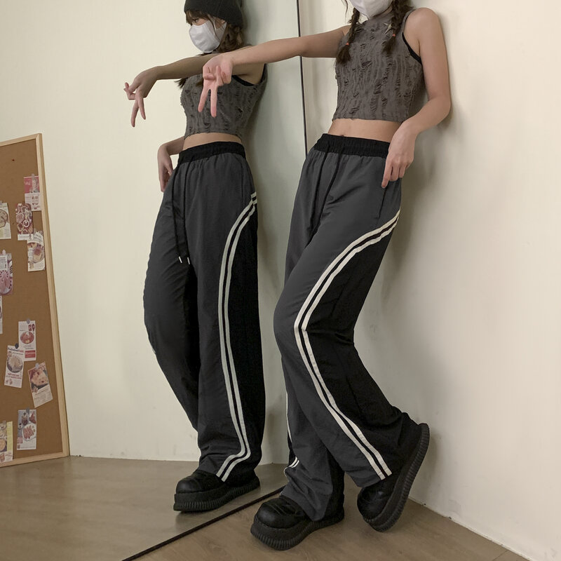 女性のためのレトロなストライプのパンツ,ヴィンテージのハラジュク,ワイドレトロ,バギー,ハイウエストの服,2000s, 2024